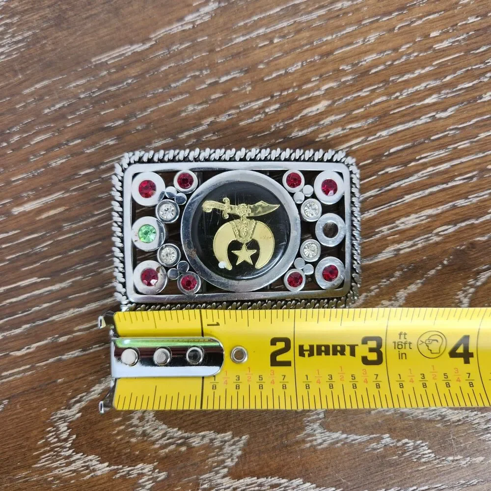 Vintage Rhinestone Black Enamel Inlay Shriners Masonic Silver Tone Belt Buckle